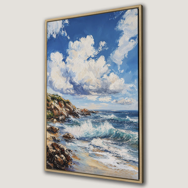 Framed Wall Art: Coastal landscape Canvas Print featuring a vibrant ocean scene with blue, white, and earthy tones, perfect for adding a touch of serenity.