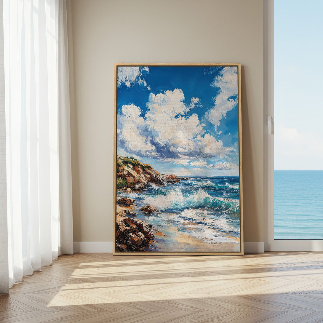Framed Wall Art Canvas Print of a vibrant seascape with blue, white, and brown tones, adding coastal style to any interior.