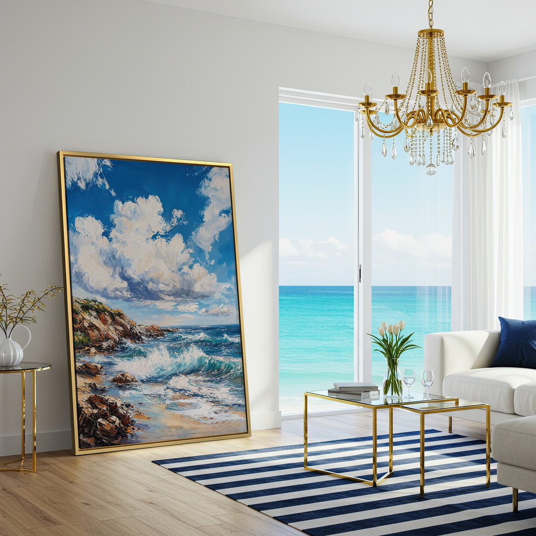 Canvas Print of a seascape painting in a bright, airy living room. Blue, white, and beige color palette. Adds coastal charm!
