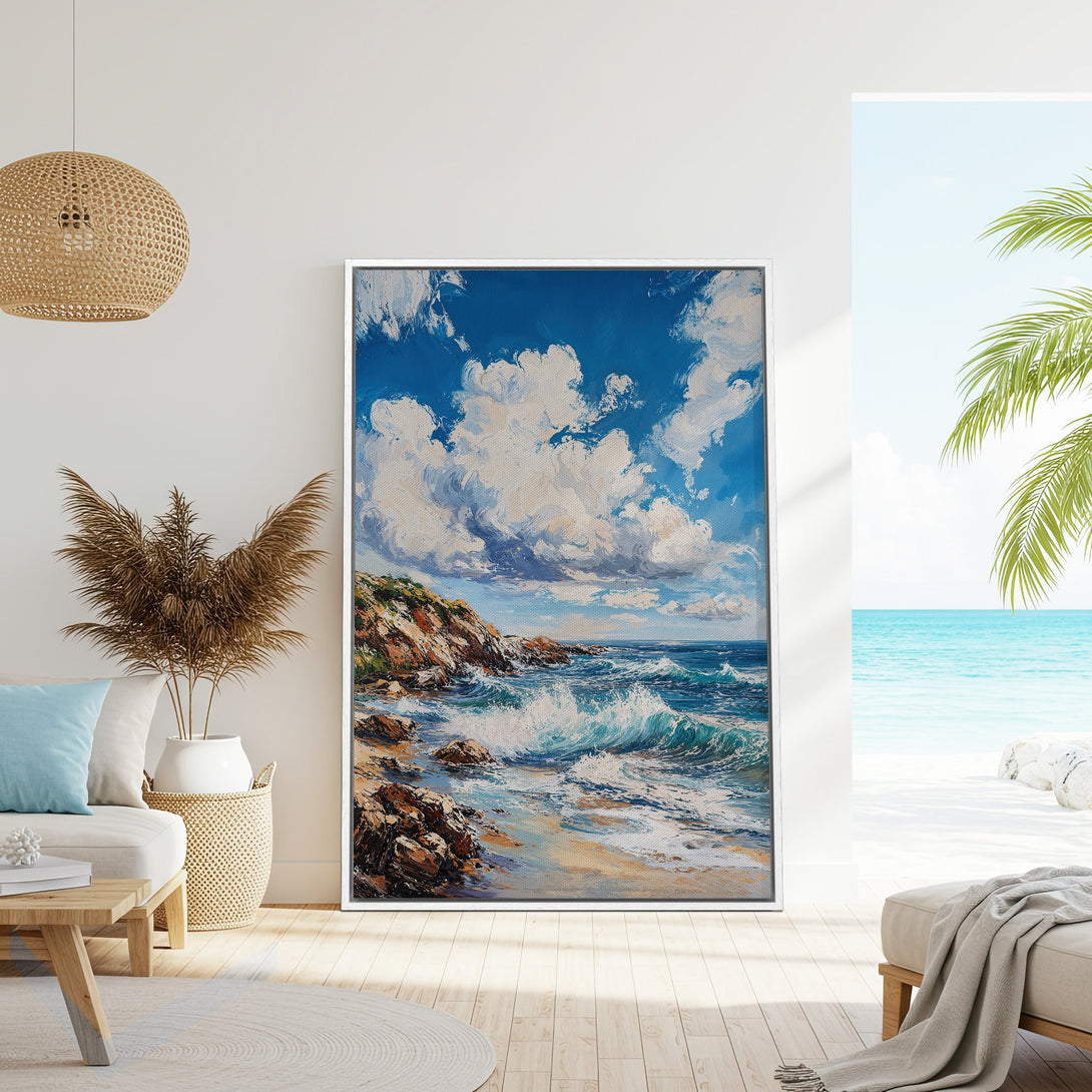 Framed Wall Art: Coastal landscape painting with blue, white, and brown hues. Impressionistic style Canvas Print adds serene beach vibes to any room.