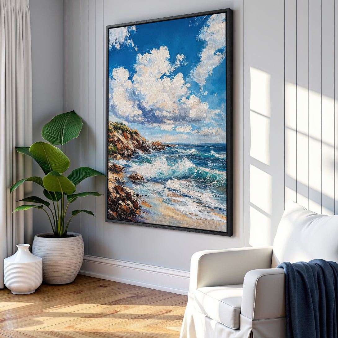 Framed Wall Art: Coastal landscape Canvas Print with blue, white, and tan hues. Perfect for adding a touch of serenity and style to your home decor.