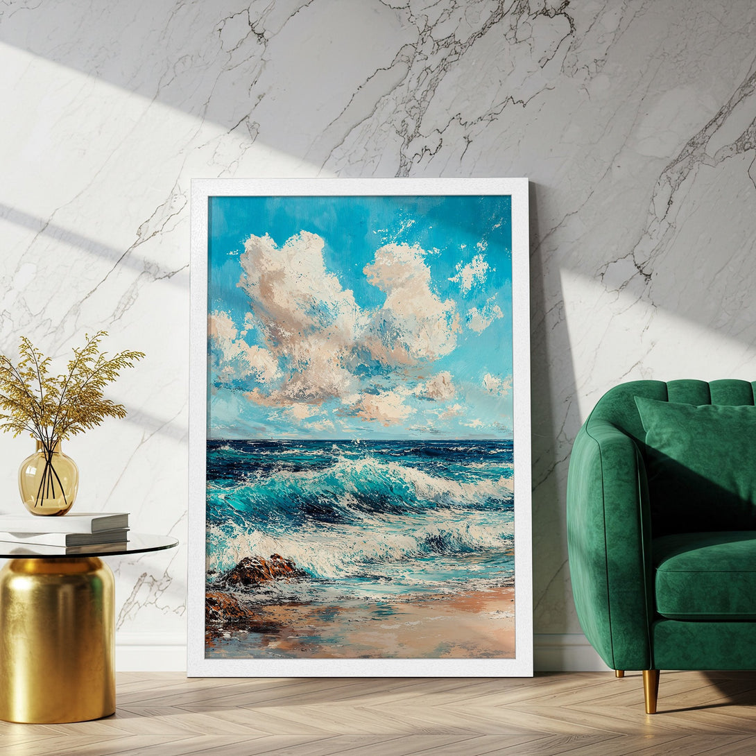 Framed Poster of ocean waves artwork in blue, white, and beige. Coastal art print for home decor.