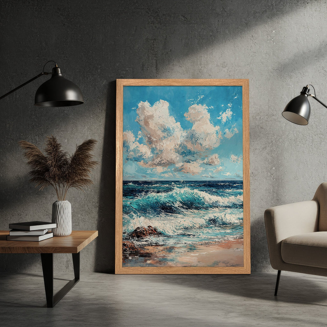 Framed Poster of ocean waves in a painterly style. Blue, white, and beige color palette. Perfect coastal wall art for your home.
