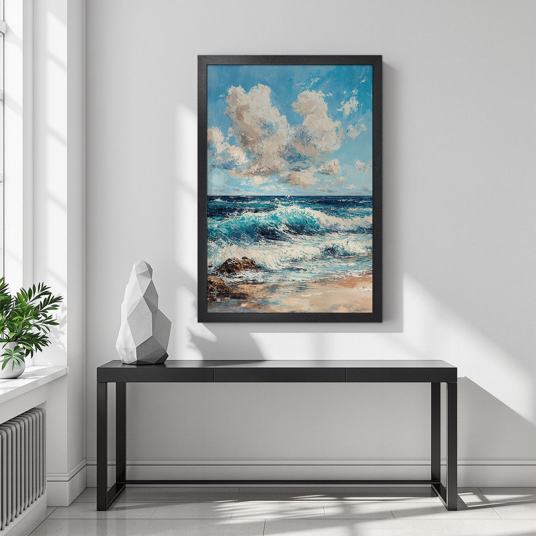 Framed Poster of a vibrant ocean waves painting, featuring blue, white, and tan hues. Perfect wall art to bring a coastal vibe to your home.