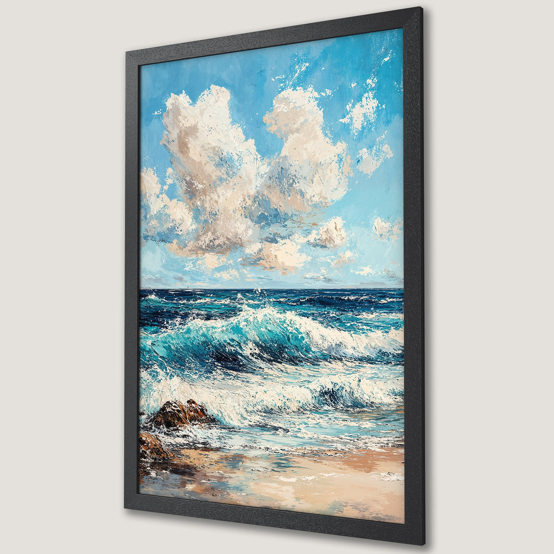 Framed Poster of ocean waves art. Blue, turquoise, and beige color palette. Perfect coastal decor for your home.