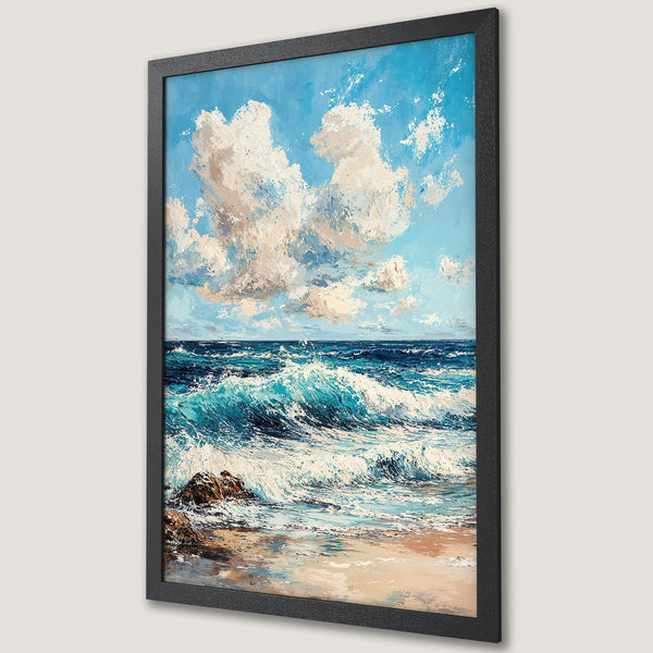 Framed Poster of ocean waves art. Blue, turquoise, and beige color palette. Perfect coastal decor for your home.