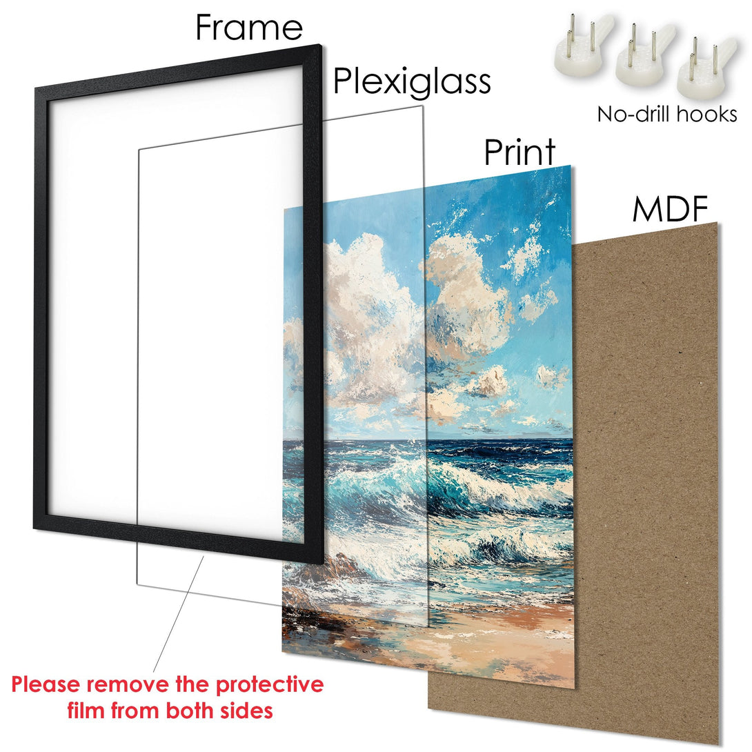 Framed Poster of a seascape with a blue and beige color palette. Coastal art print for your home decor.