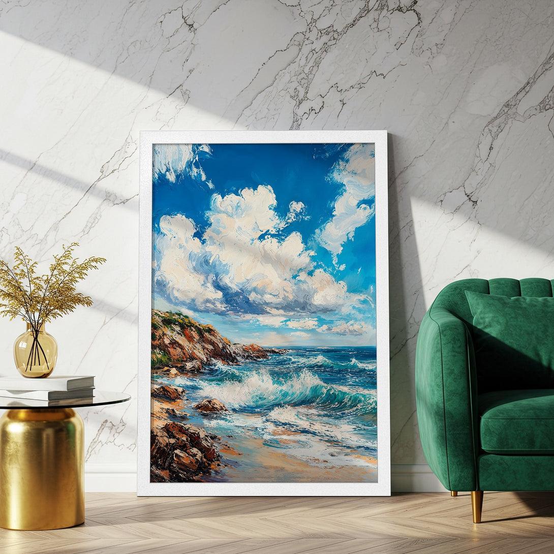Framed Poster of a coastal landscape painting in blue, white, and earth tones. Add a touch of art to your home!