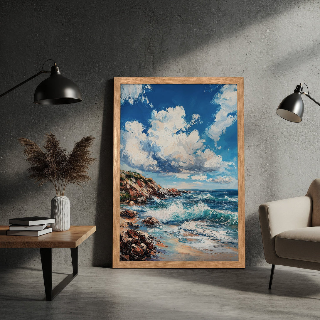 Framed Poster featuring a vibrant seascape painting in blue, white, and brown tones. Coastal art for your home decor.