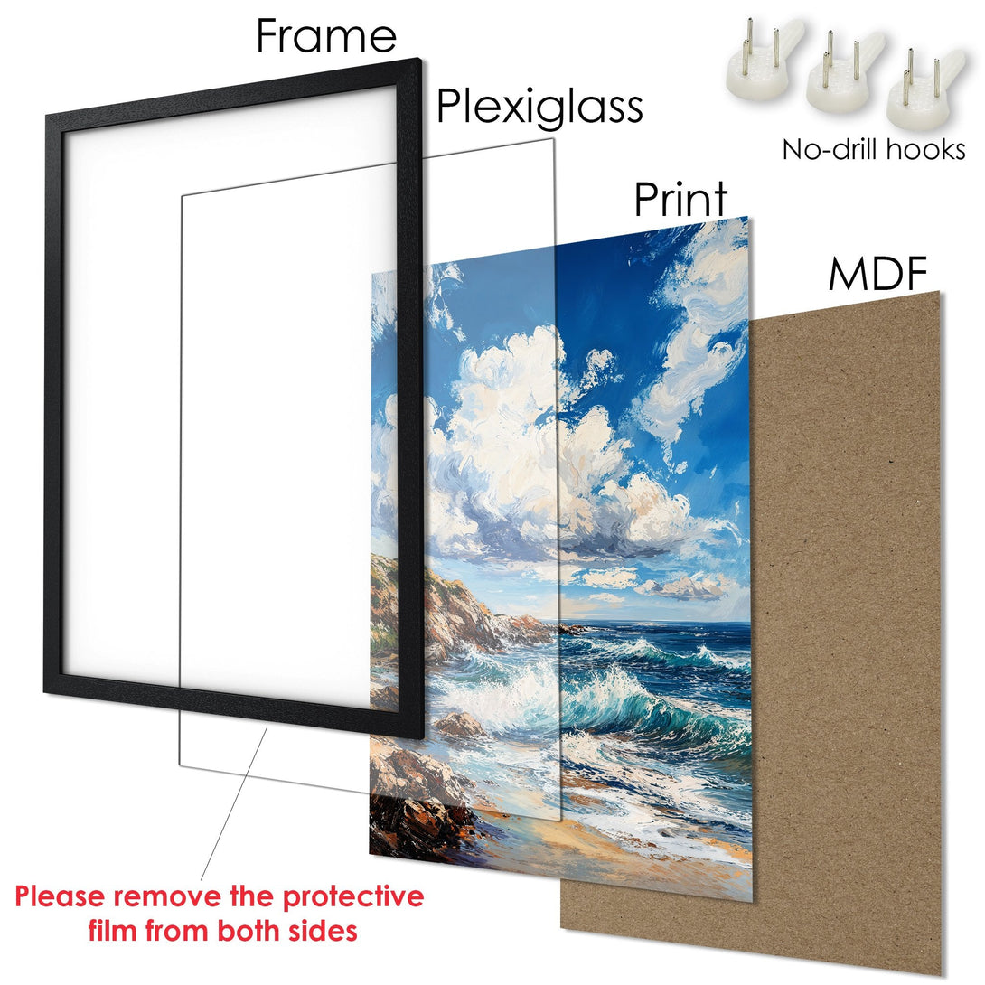 Framed Poster of a coastal landscape painting in blue, white, and tan. Ready to hang art for your home.