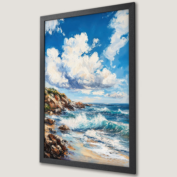 Framed Poster of a vibrant seascape painting with blue, white, and tan hues. Coastal art print in a black frame.