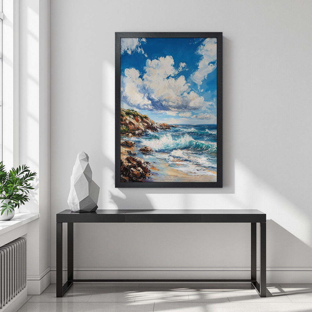 Framed Poster of a seascape painting. Impressionist style with blue, white, and tan color palette. Perfect wall art for coastal decor.