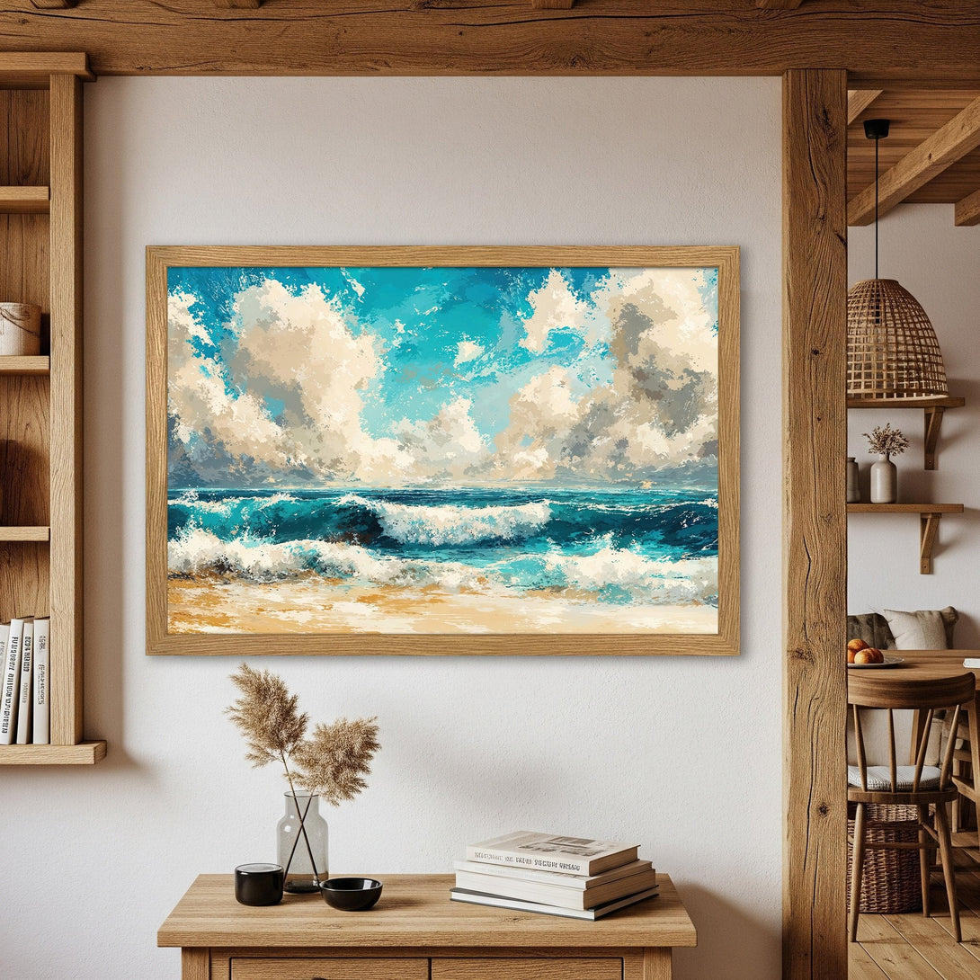 Framed Poster of a vibrant ocean scene, artistic style with blue, teal, and beige tones. Perfect wall art!
