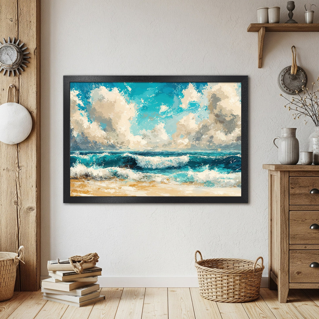 Framed Poster of a seascape painting in blue, white, and beige. Coastal art for your home.