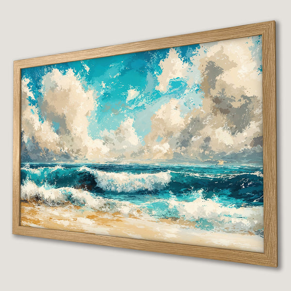 Framed Poster of ocean waves art print, blue and beige color palette, perfect for coastal decor.