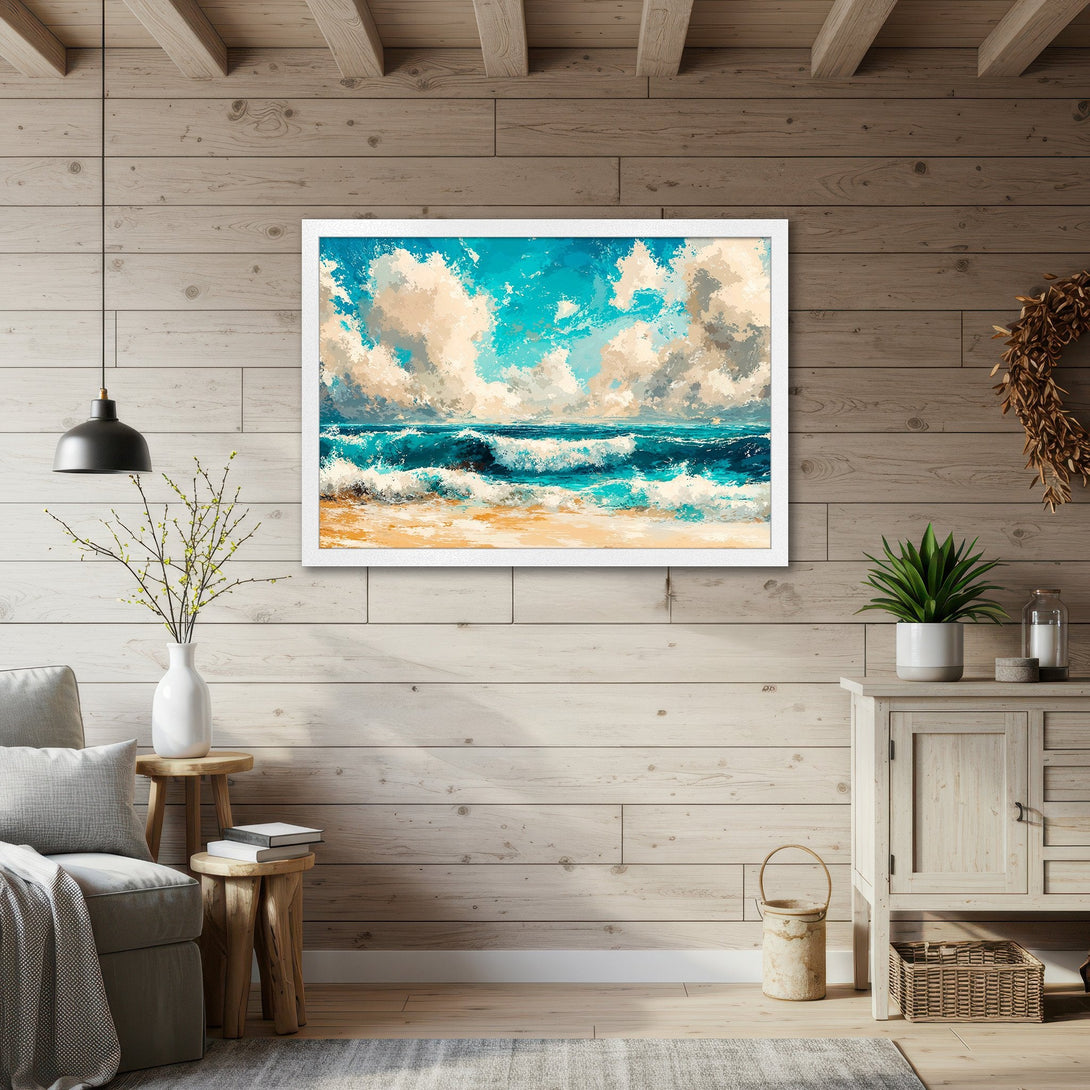 Framed Poster featuring an abstract ocean scene with blue, teal, and beige hues. Perfect coastal wall art for your home!