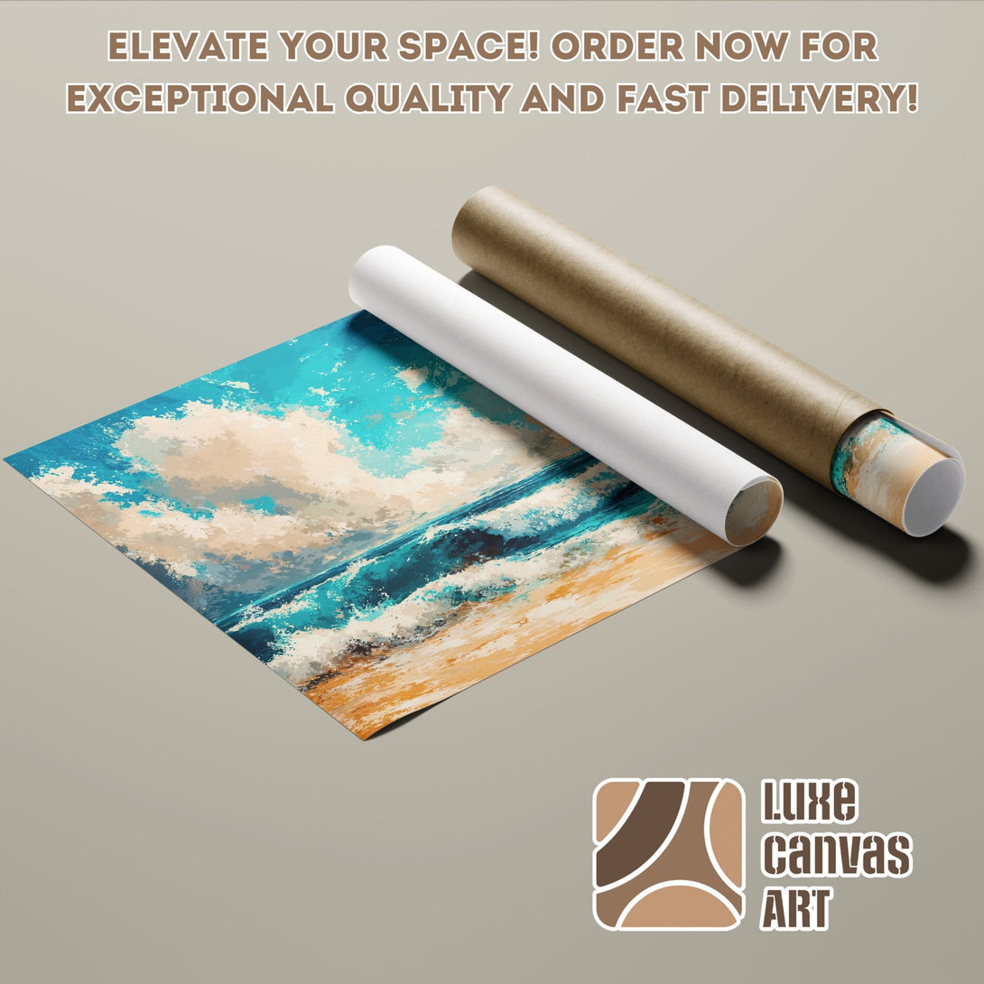 Abstract ocean Poster Roll art with blue, beige, and brown colors. Elevate your space!