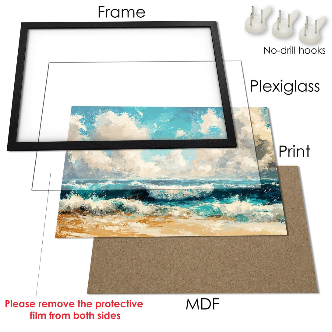Framed Poster of a seascape in blue, turquoise, and beige. Coastal art print for your home.
