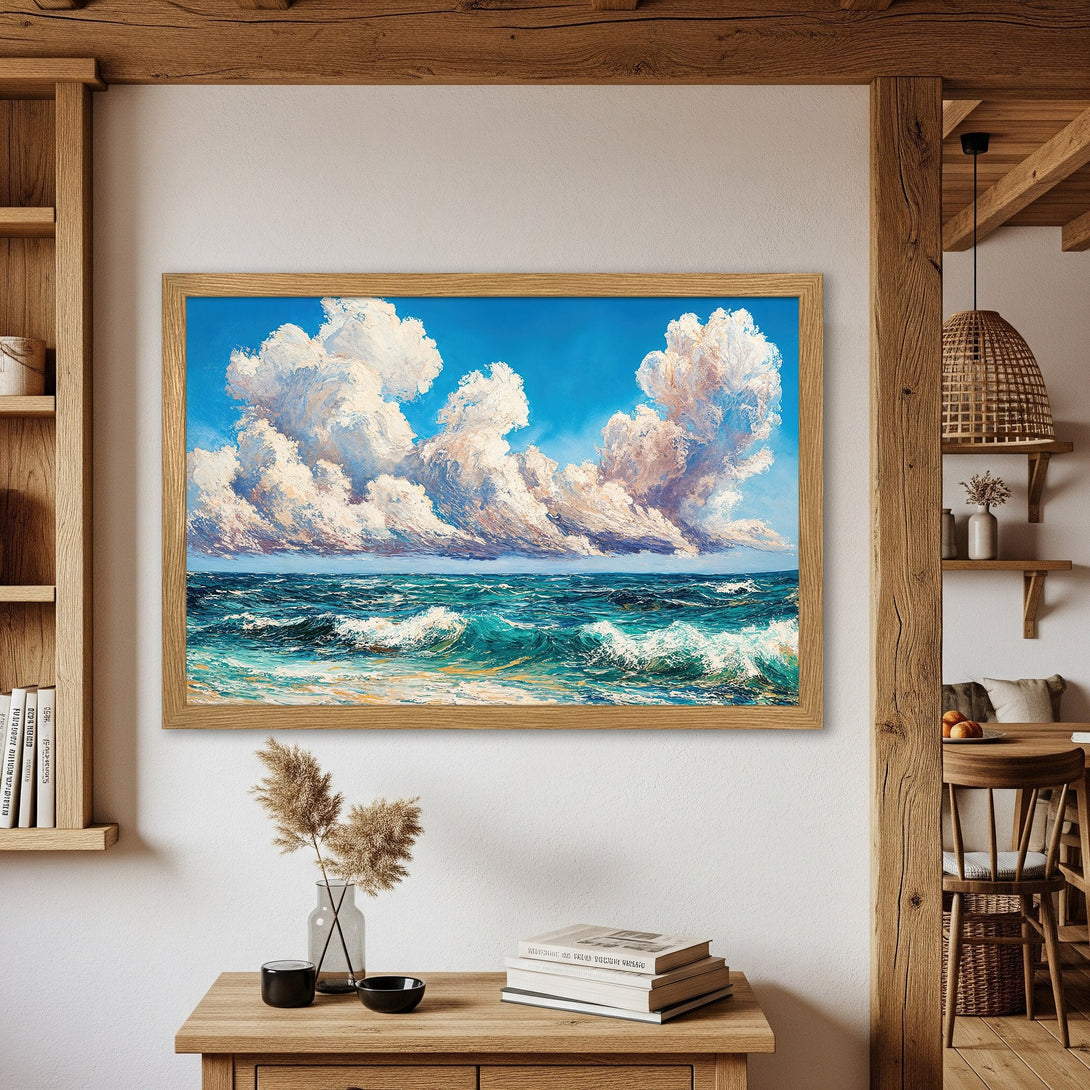 Framed Poster of a vibrant seascape painting. Captures the beauty of the ocean with blue, teal, and white hues. Perfect wall art for any space.