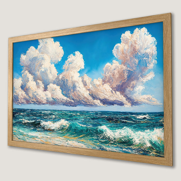 Framed Poster of a seascape painting with dramatic clouds and ocean waves. Blue, white, and teal color palette.