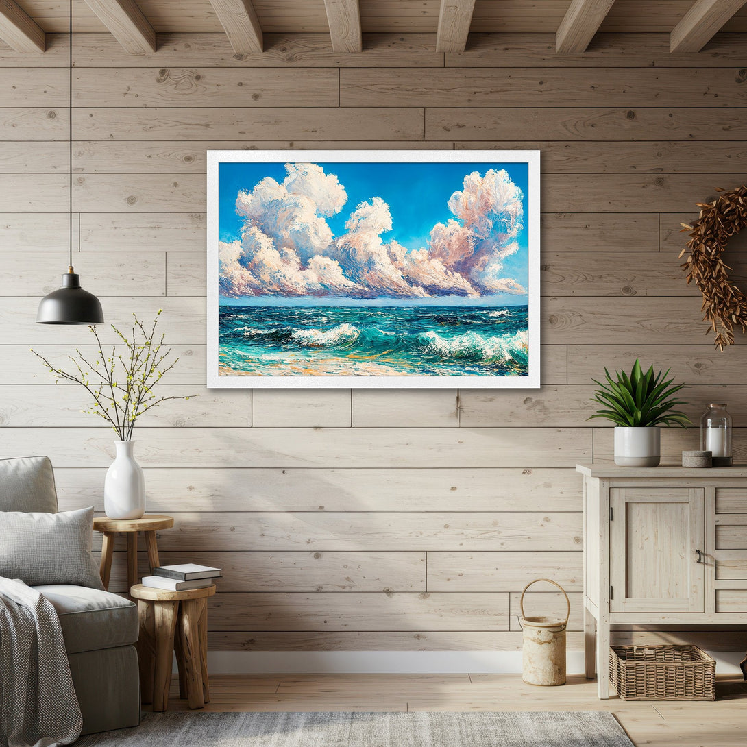 Framed Poster of a seascape with clouds, featuring vibrant blues, greens, and whites. Perfect wall art for coastal decor.