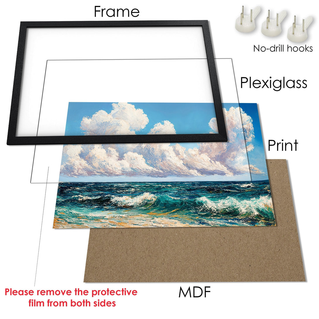 Framed Poster of ocean waves art, vibrant blues & whites. Perfect coastal decor. Ready to hang!