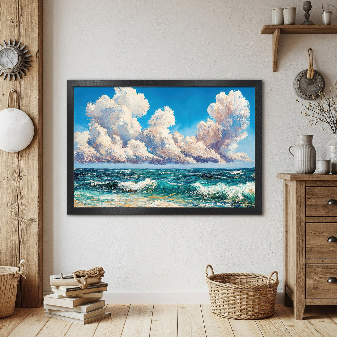 Framed Poster of a seascape painting. Features blue, white, and teal colors. Perfect art for coastal decor.