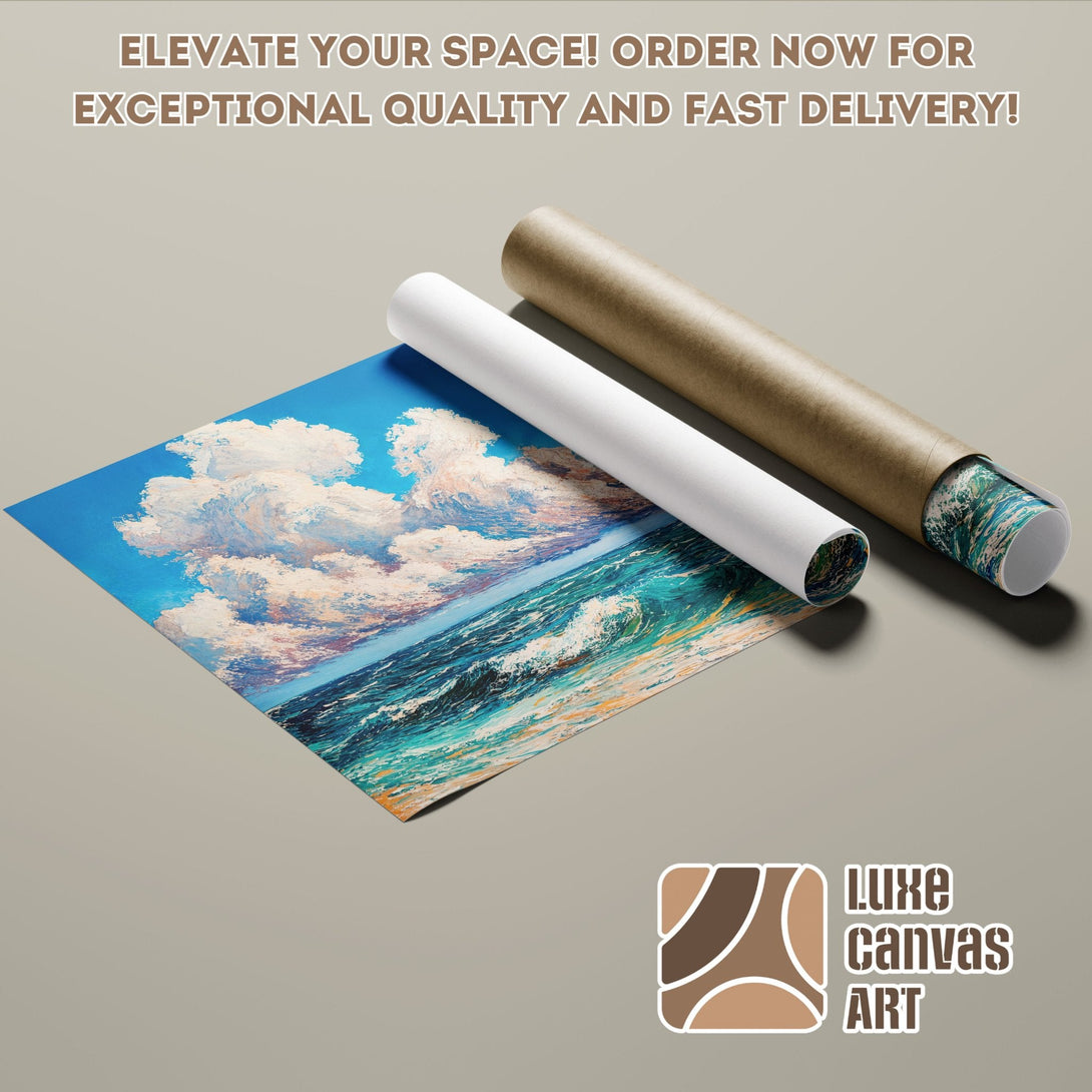 Ocean wave art poster roll, blue and teal color palette, perfect for your home decor.
