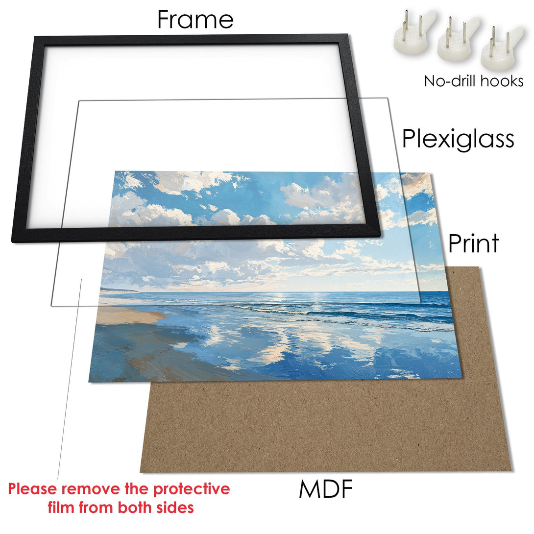 Framed Poster of a beach scene in blue and beige tones. Coastal artwork, ready to hang and brighten your space!