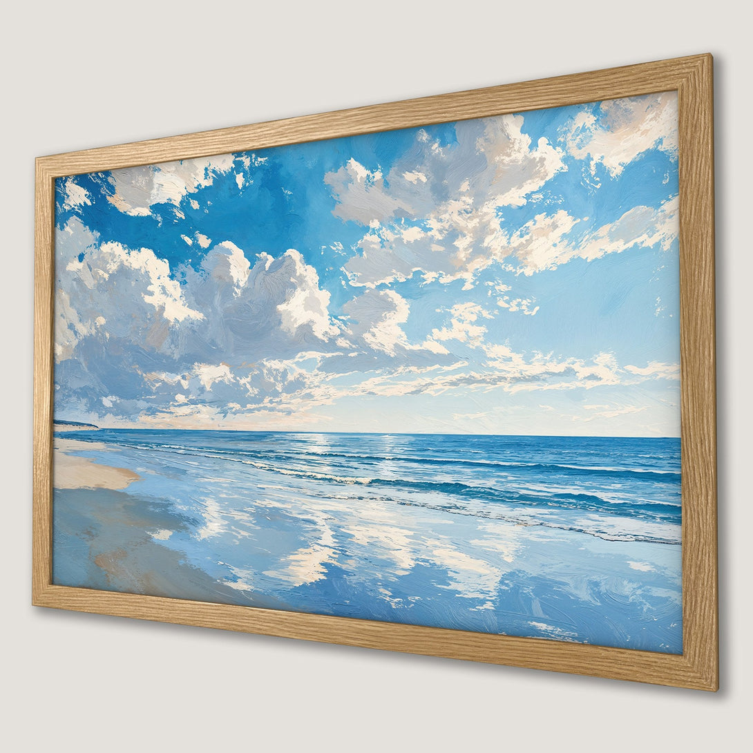 Framed Poster of a serene beach scene in a painterly style with blue and white hues. Add coastal charm to your space!