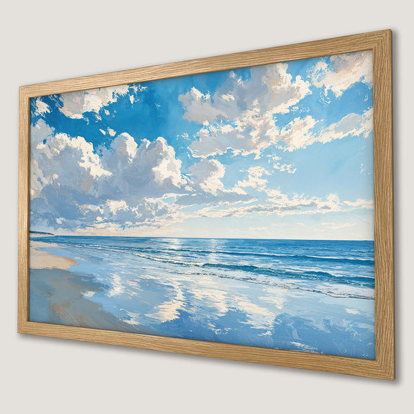 Framed Poster of a serene beach scene in a painterly style with blue and white hues. Add coastal charm to your space!