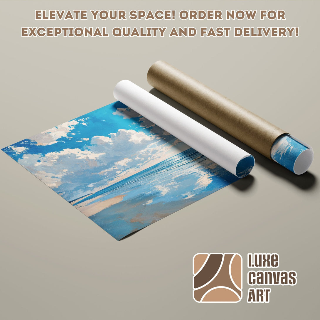 Ocean landscape Poster Roll, blue and white abstract art, ready to ship!