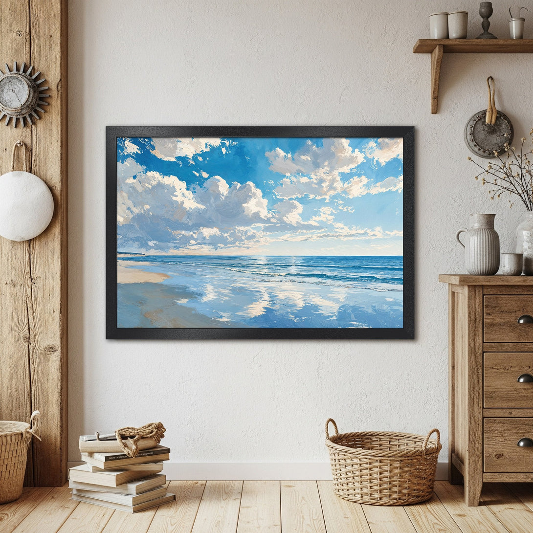 Framed Poster of a serene beach scene, impressionistic style with blue and white color palette. Perfect coastal decor.