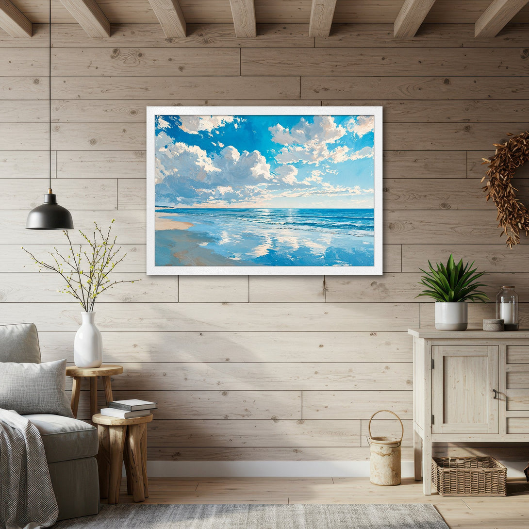 Framed Poster of a serene beach scene, impressionistic style, blue and white color palette, perfect wall art for coastal decor.