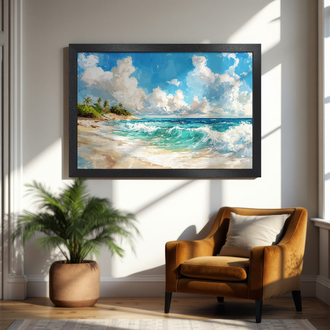 Framed Poster: Beach scene art print in blue, turquoise, and tan, perfect for coastal decor.