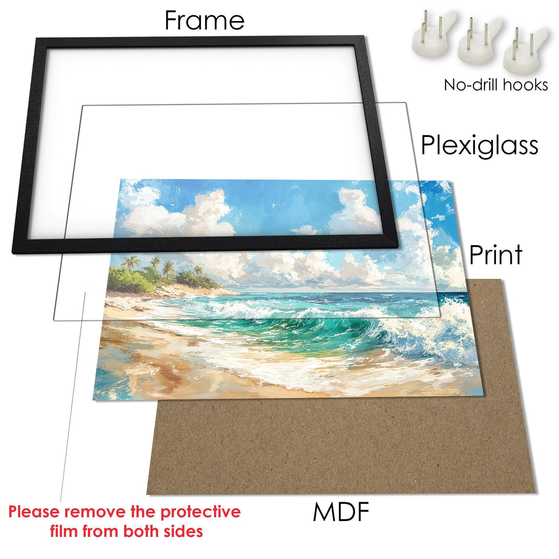 Framed Poster of a beach scene in blue, turquoise, and sand tones. Coastal art print ready to hang!