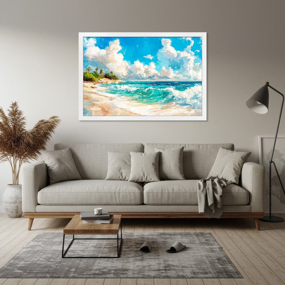 Framed Poster featuring a vibrant beach scene painting with blue, turquoise, and white hues. Perfect wall art for coastal decor.