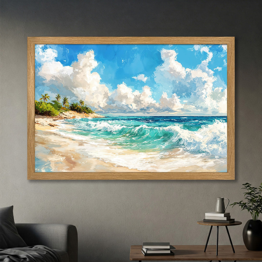 Framed Poster of a vibrant beach scene. Impressionistic style with blue, turquoise, and beige color palette. Perfect wall art for a coastal vibe.