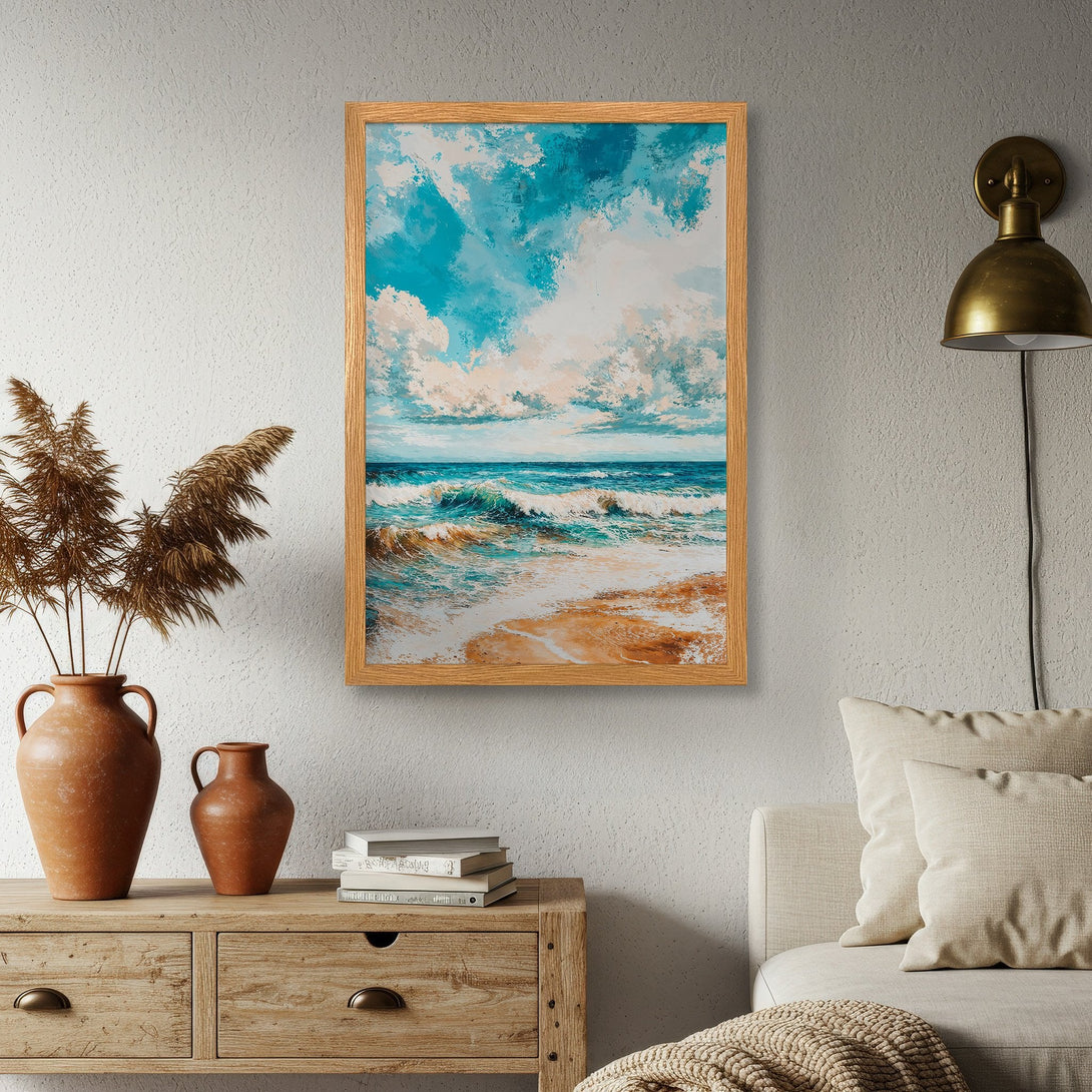 Framed Poster of ocean waves in impressionistic style with blue, turquoise, and beige color palette. Perfect wall art for your home!
