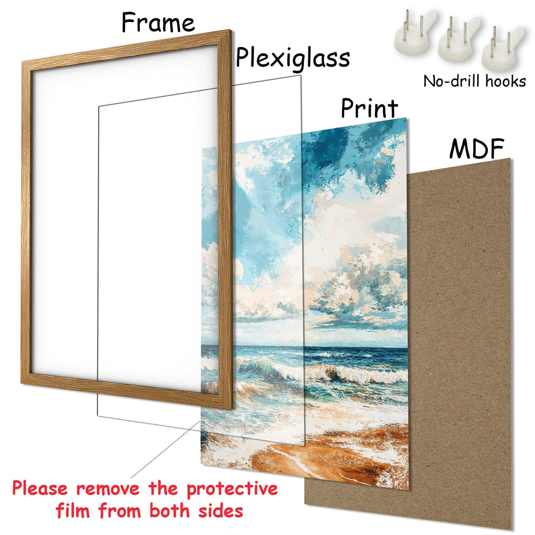 Framed Poster of a beach scene in blue & beige, art print with frame, ready to hang. Coastal wall art for your home.