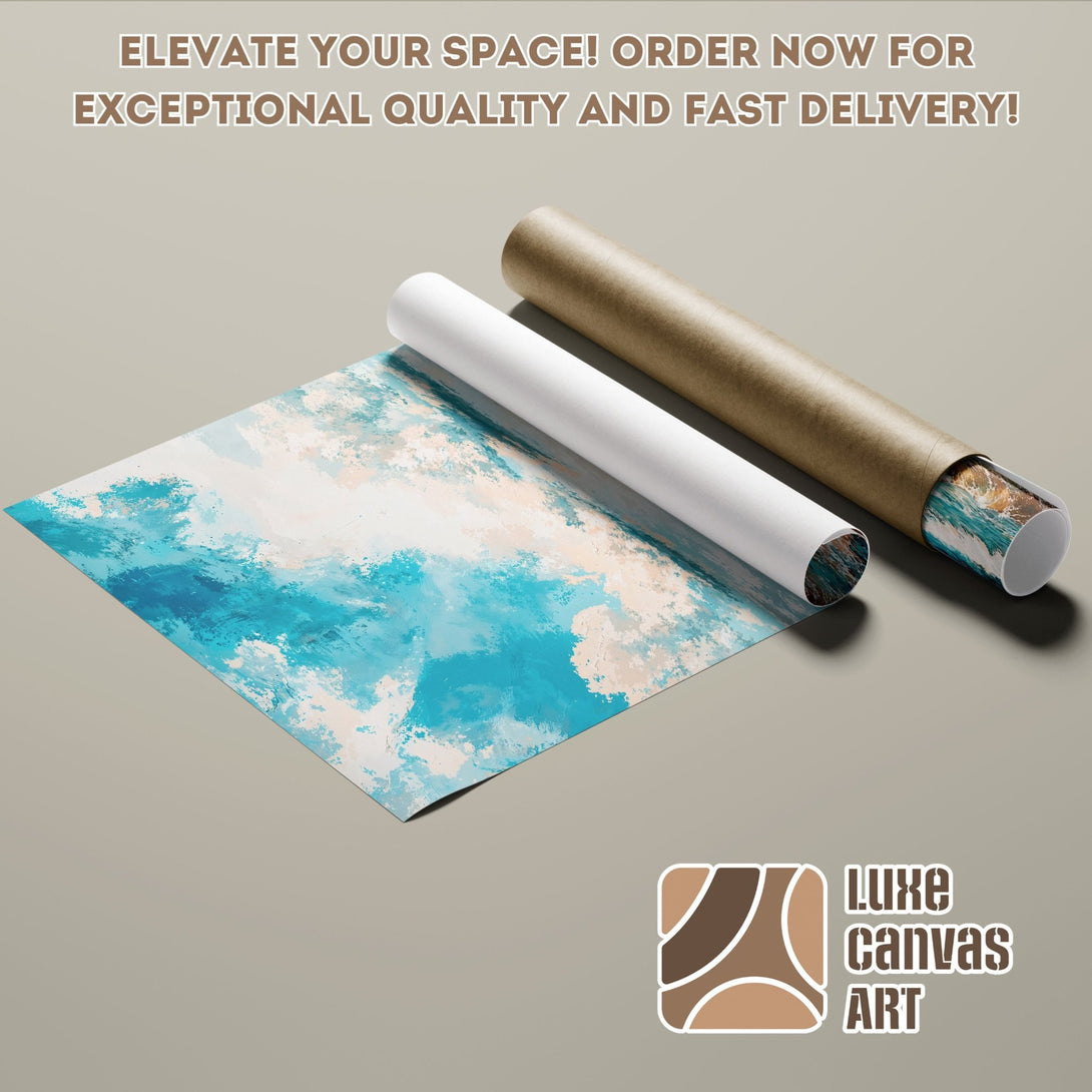 Abstract ocean art Poster Roll with blue, white, and beige color palette. Elevate your space with Luxe Canvas Art!