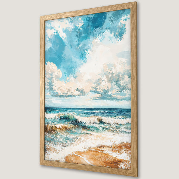 Framed Poster of a beach scene with blue ocean, white clouds, and warm sand. Impressionistic style, serene color palette.