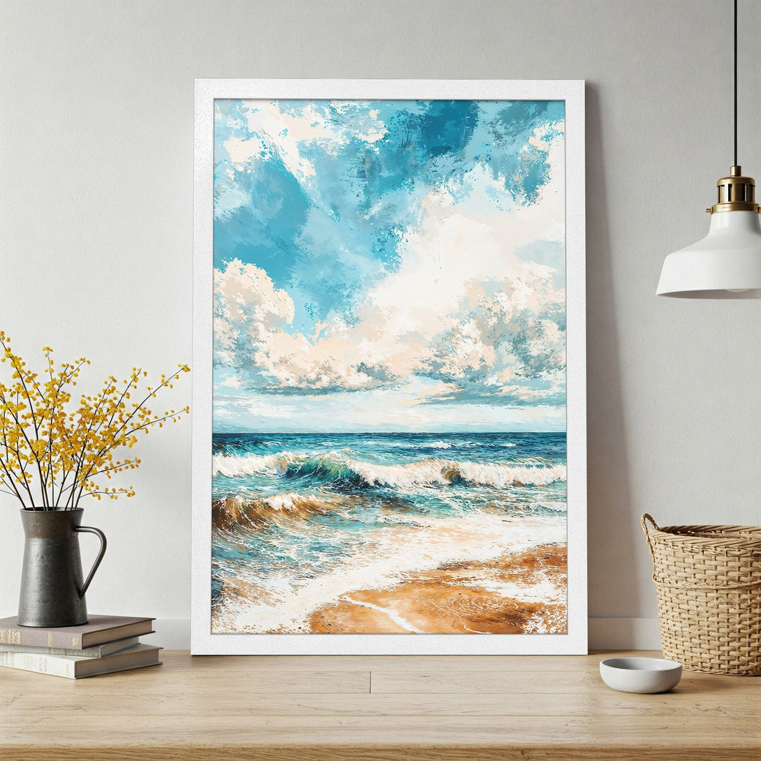 Framed Poster of ocean waves art, blue and beige color palette, perfect for coastal decor.