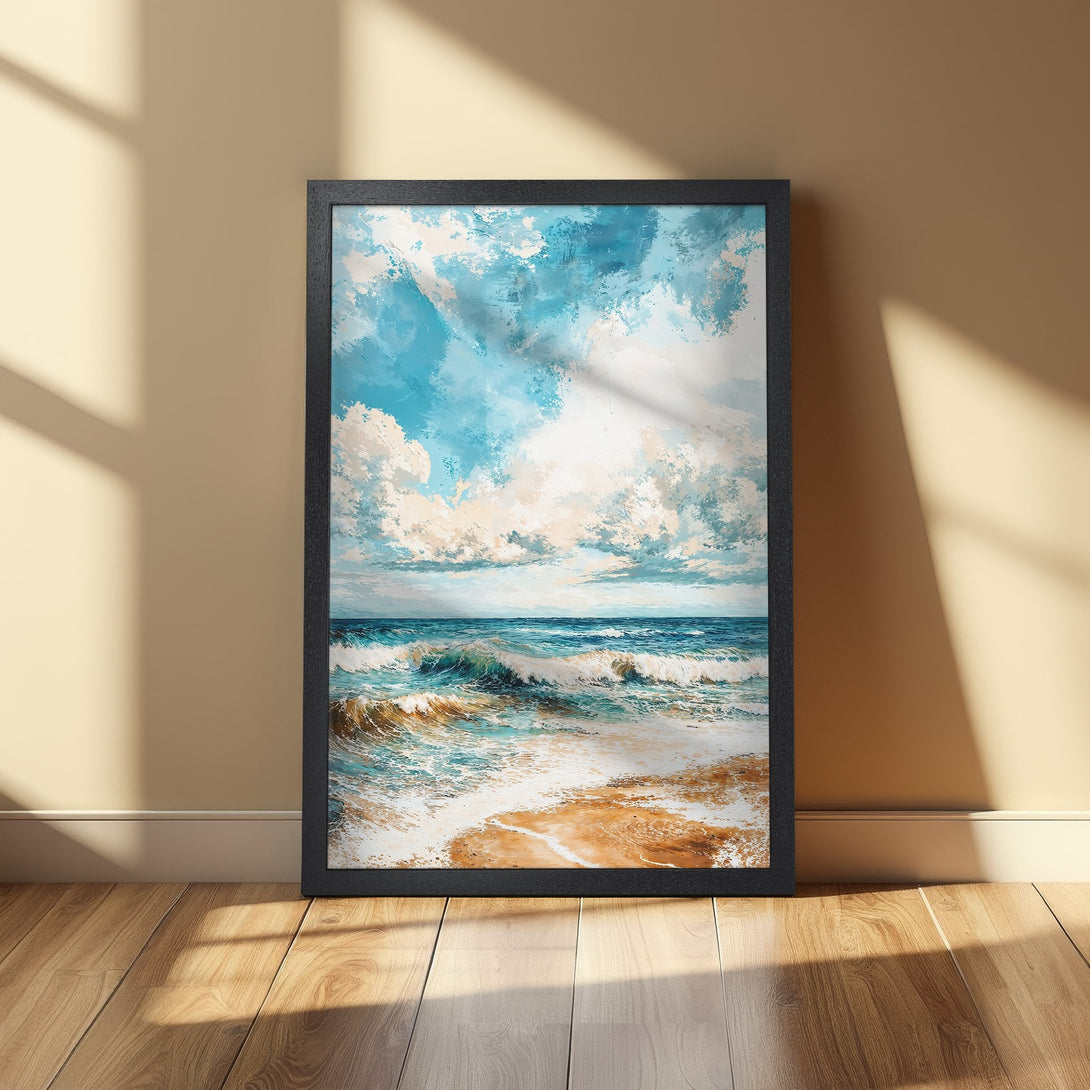 Framed Poster of ocean waves art, impressionist style. Blue, white, and tan color palette. Bring the beach to your home!