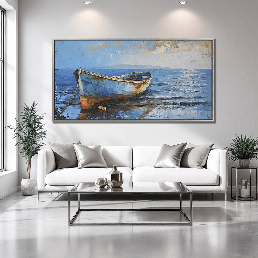 Framed Wall Art: Coastal boat painting in blue and orange hues. Adds a serene touch to any interior. Shop now for stunning wall decor!