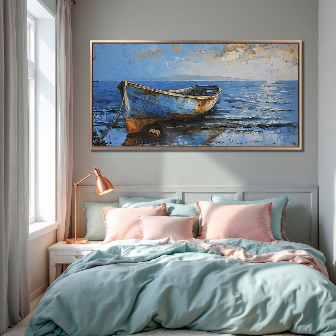 Framed Wall Art: Coastal boat painting in blue and gold tones. Adds a serene touch to any bedroom. Shop our Canvas Print collection today!