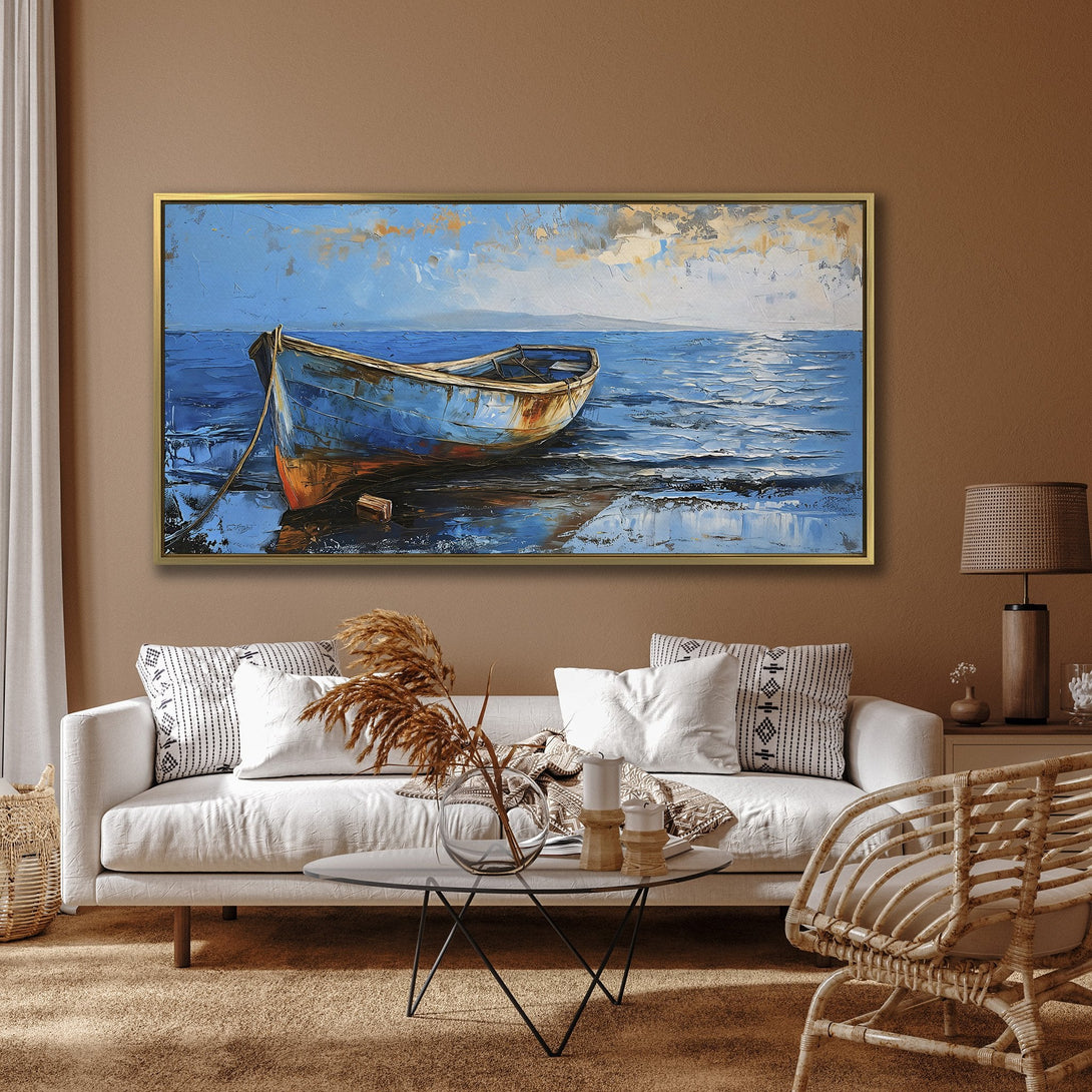 Canvas Print of a boat on the water, impressionist style with blue and orange hues. Perfect coastal wall art for your living room.