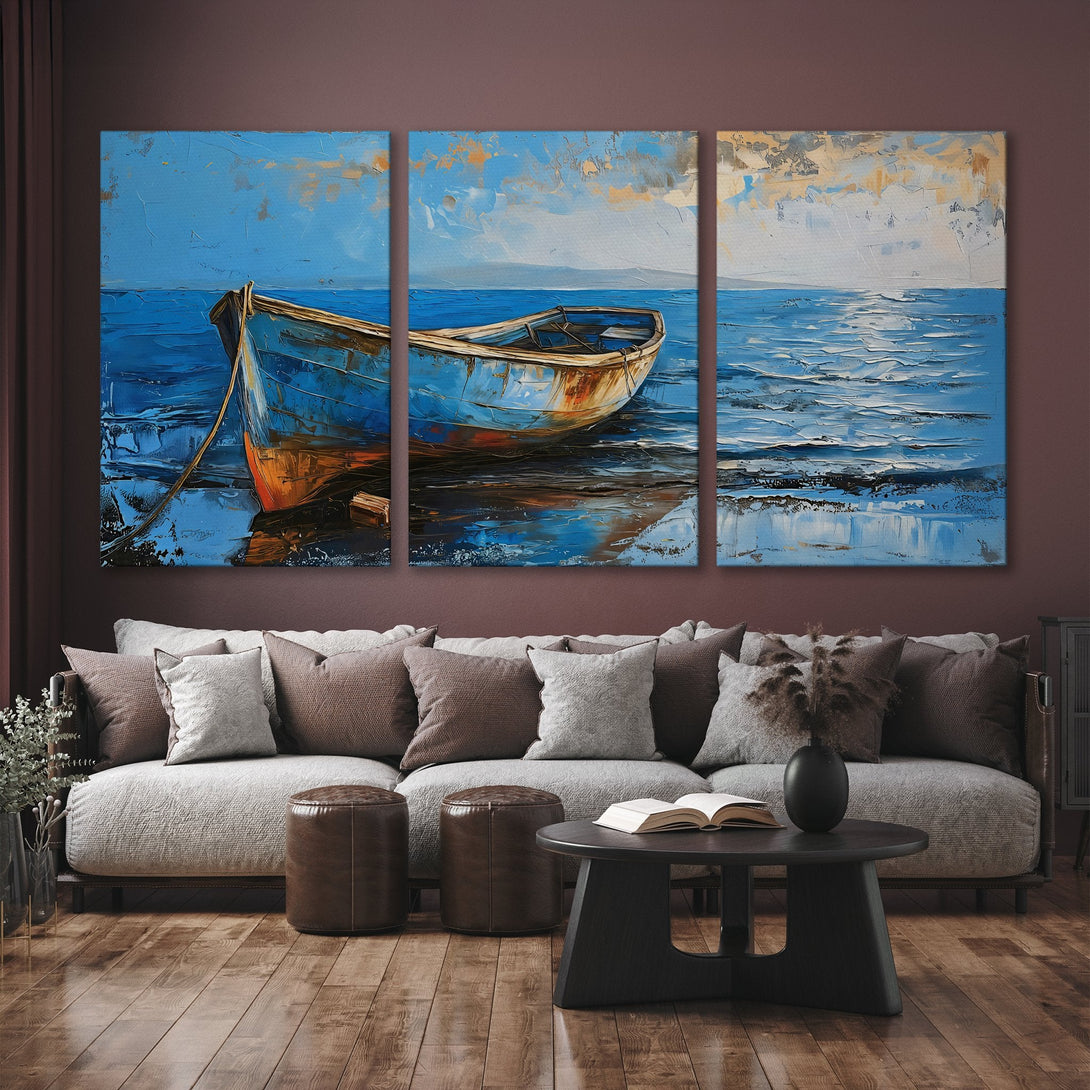 Canvas Print of a boat on the sea, impressionist style, blue and brown color palette, perfect wall art for your home.