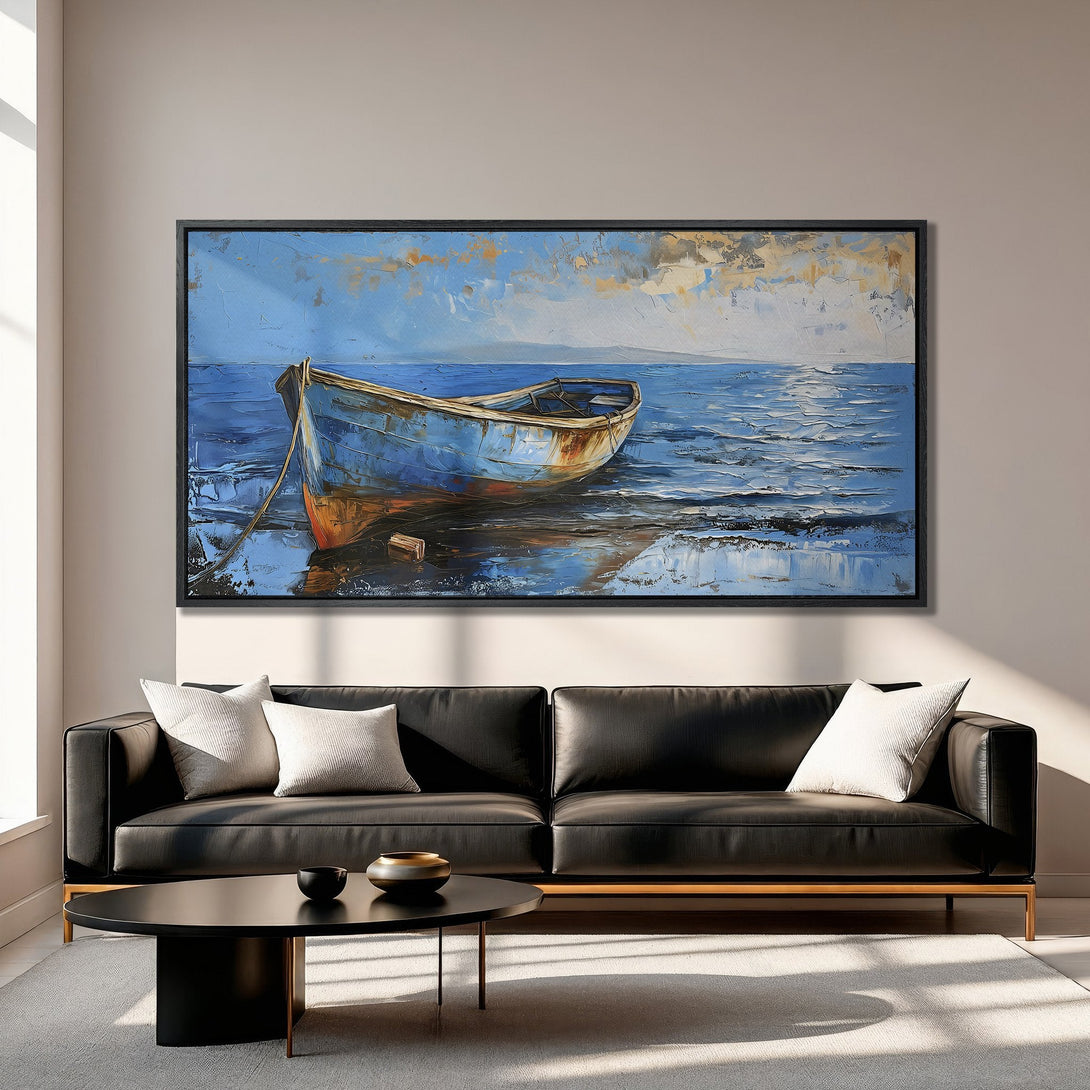 Framed Wall Art: Coastal boat painting in blue and orange hues. Adds a touch of serenity to any space. Perfect for living rooms and bedrooms.