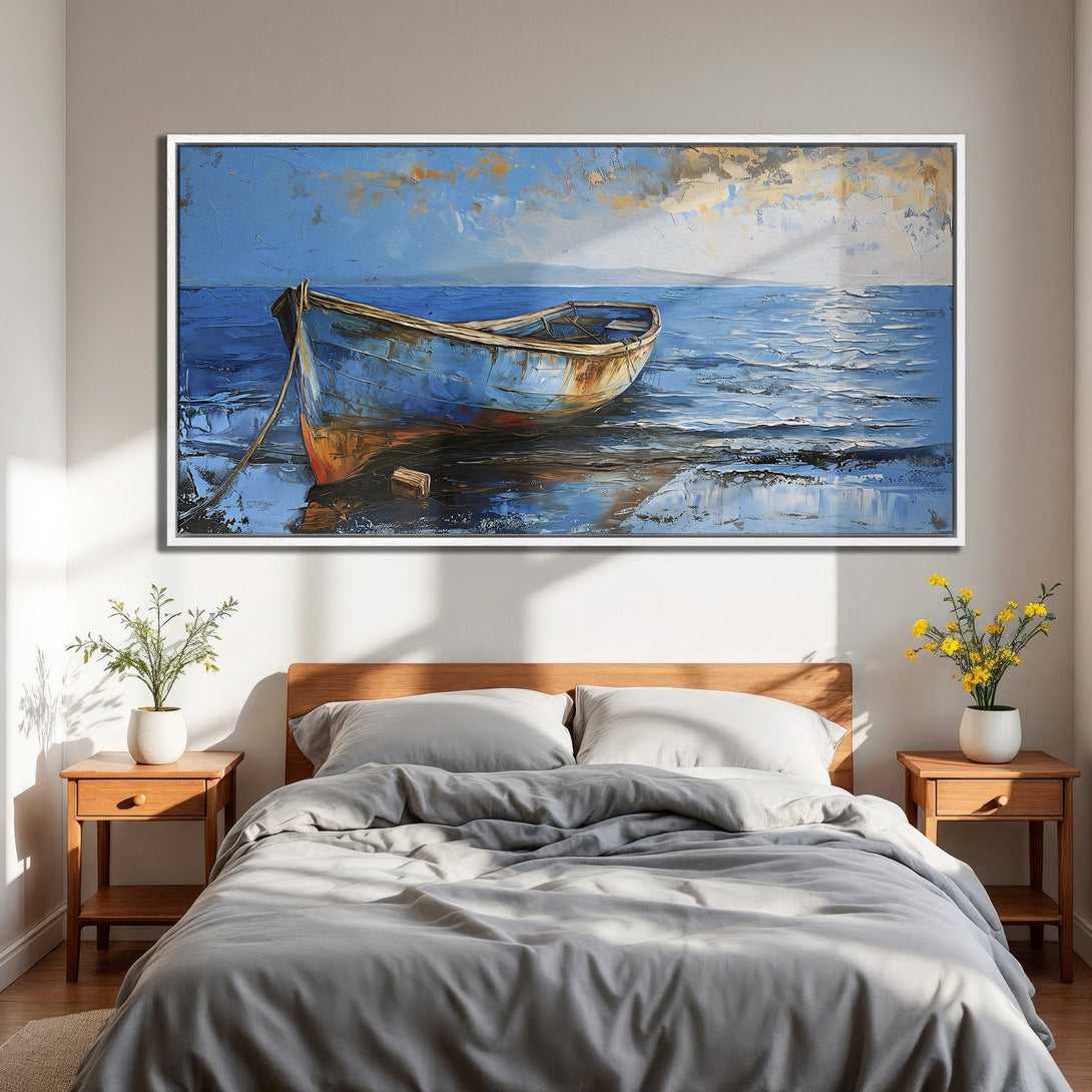 Framed Wall Art: Impressionist painting of a boat on water, blue and gold palette, perfect for bedroom decor.